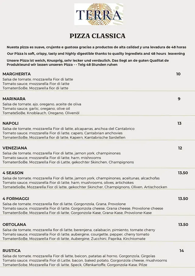 Un menú para un restaurante llamado terra pizza classica.