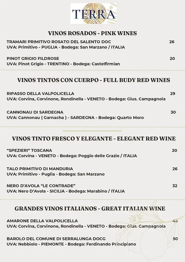Un menú de un restaurante llamado Terra muestra una variedad de vinos.