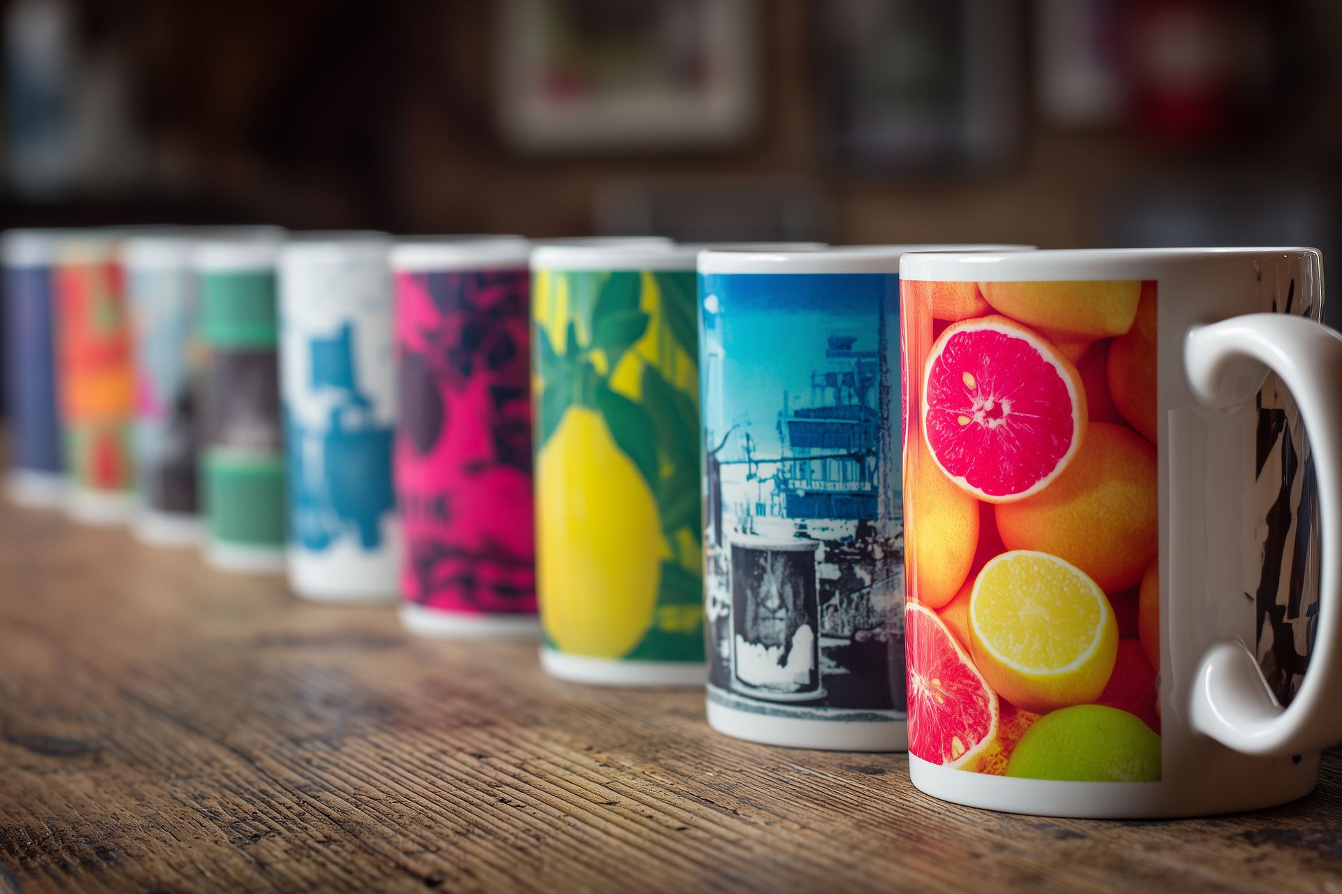 Une rangée de tasses en céramique aux motifs colorés variés, notamment des fruits et des motifs abstraits, est posée sur une surface en bois.