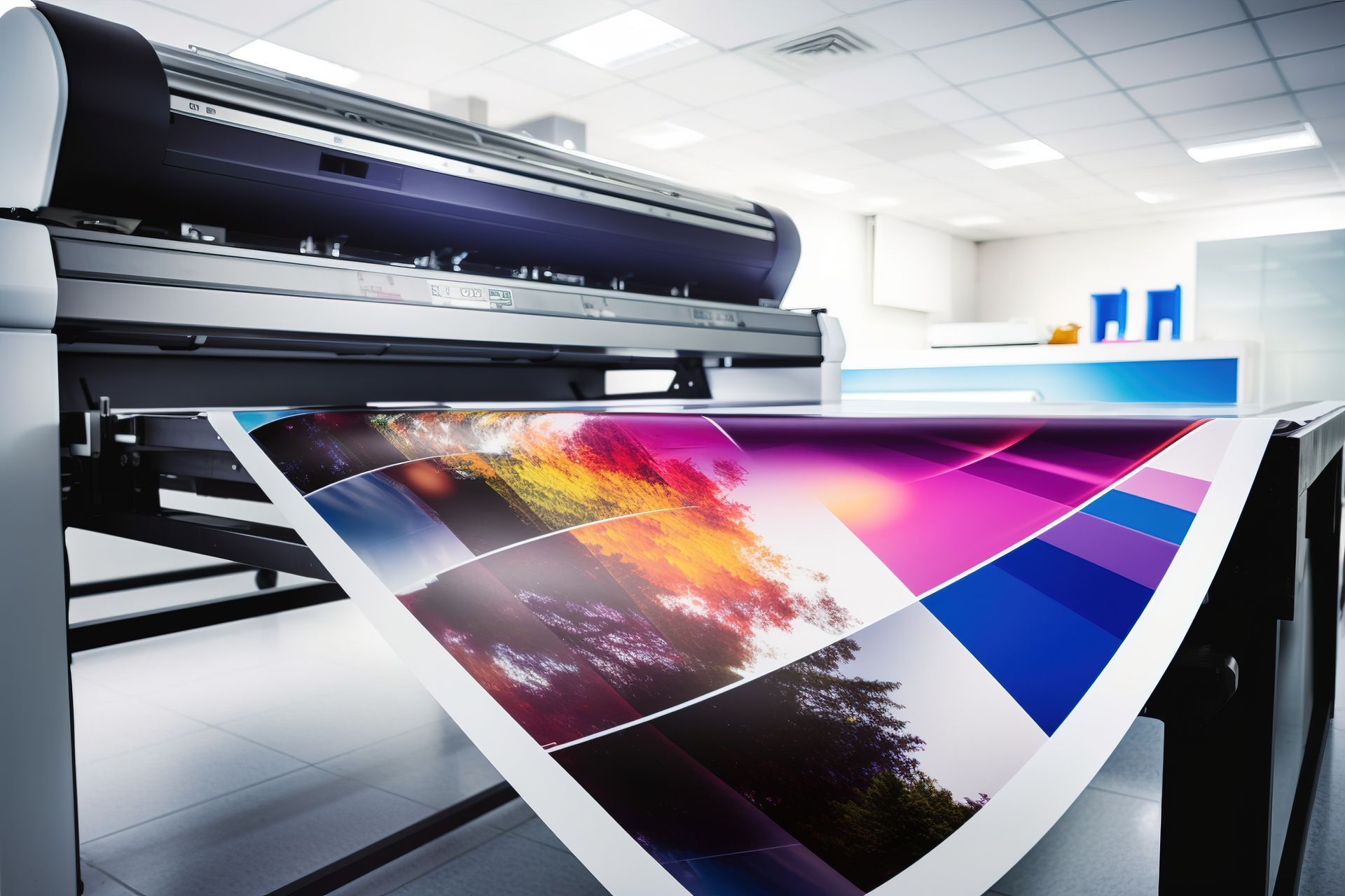 Une imprimante à jet d'encre grand format produisant une impression graphique multicolore et éclatante dans un environnement industriel propre et lumineux.