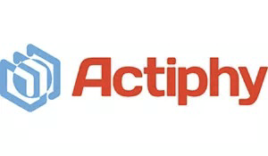 das logo für actiphy ist rot und blau und hat einen sechseckigen symbol darauf .