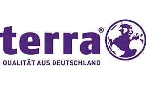 ein lila Terra-Logo mit einem Bild der Erde in einem Kreis .
