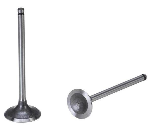 Duas válvulas de motor de metal, uma na posição vertical e a outra na horizontal.