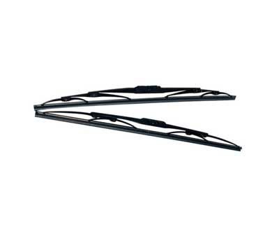 Duas palhetas de limpador de para-brisa pretas sobre um fundo branco.