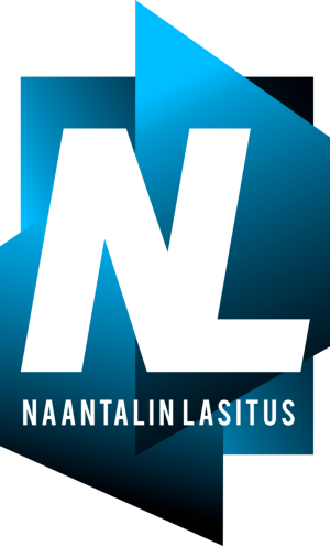 Naantalin Lasituksen logo, jossa tyylitellyt valkoiset N ja L sinisellä ja mustalla taustalla