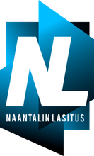 Naantalin Lasituksen logo, jossa tyylitellyt valkoiset N ja L sinisellä ja mustalla taustalla