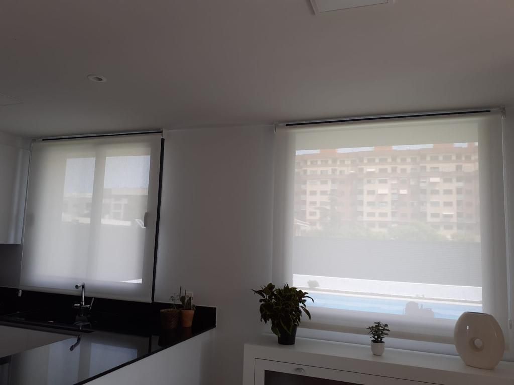 Oficina luminosa con dos grandes ventanas, persianas blancas y plantas en macetas sobre un mostrador.