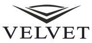 Logotipo de VELVET con emblema de chevrón negro estilizado sobre el nombre de la marca.