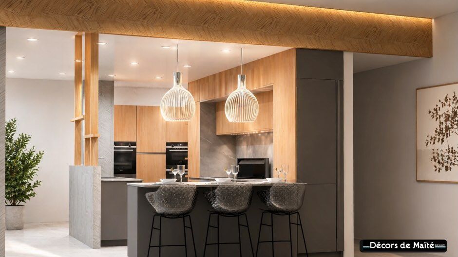 Cuisine haut de gamme avec îlot central, bois et éclairage design