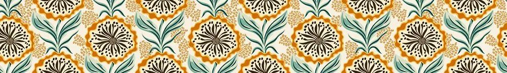 Motif de papier peint floral stylisé, aux teintes ocre, vert et beige, esprit décoratif vintage et élégant.