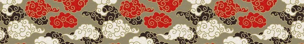 Motif de papier peint de style japonais, avec nuages stylisés rouges, beiges et noirs, design graphique élégant.