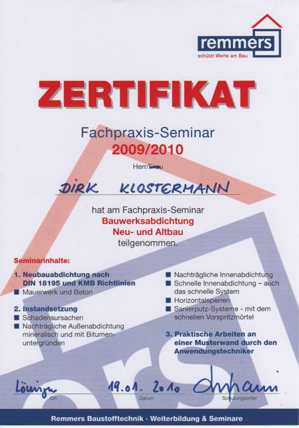 Zertifizierungen Bauwerksabdichtungen Neu- und Altbau