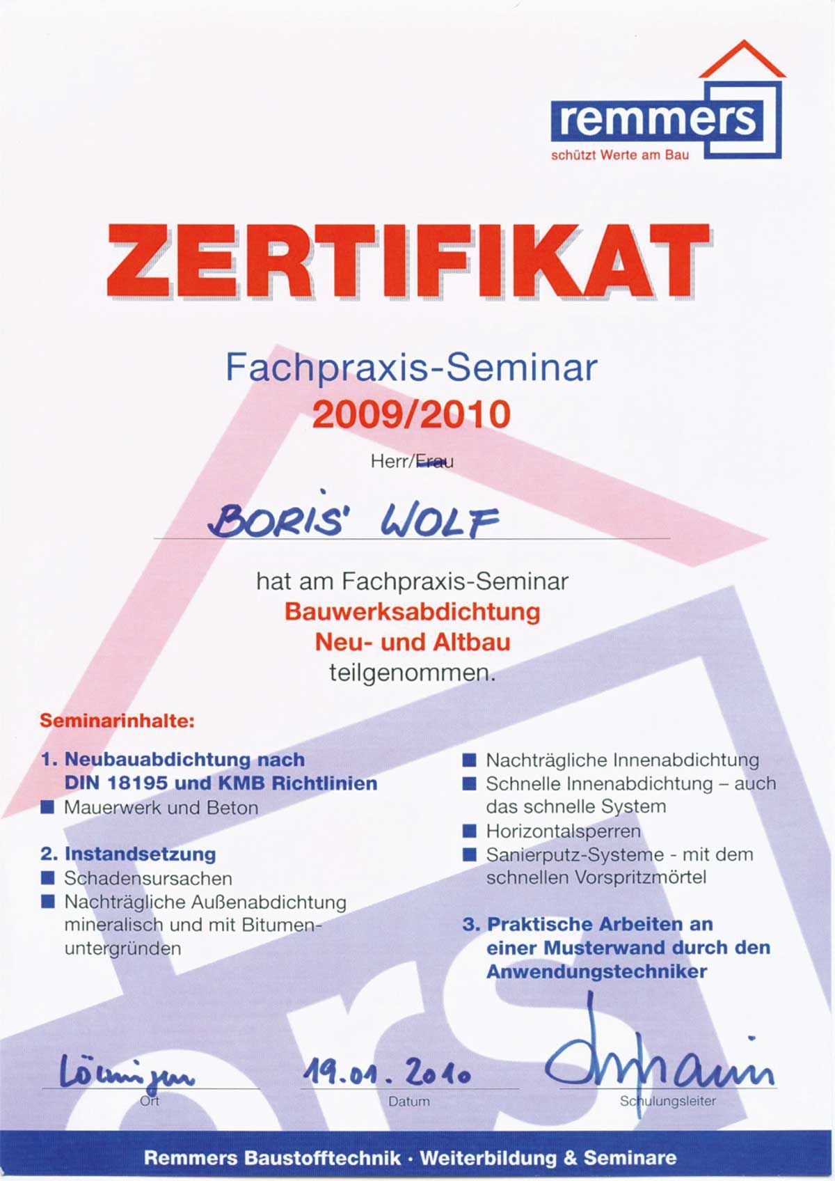 Zertifizierungen Bauwerksabdichtungen Neu- und Altbau
