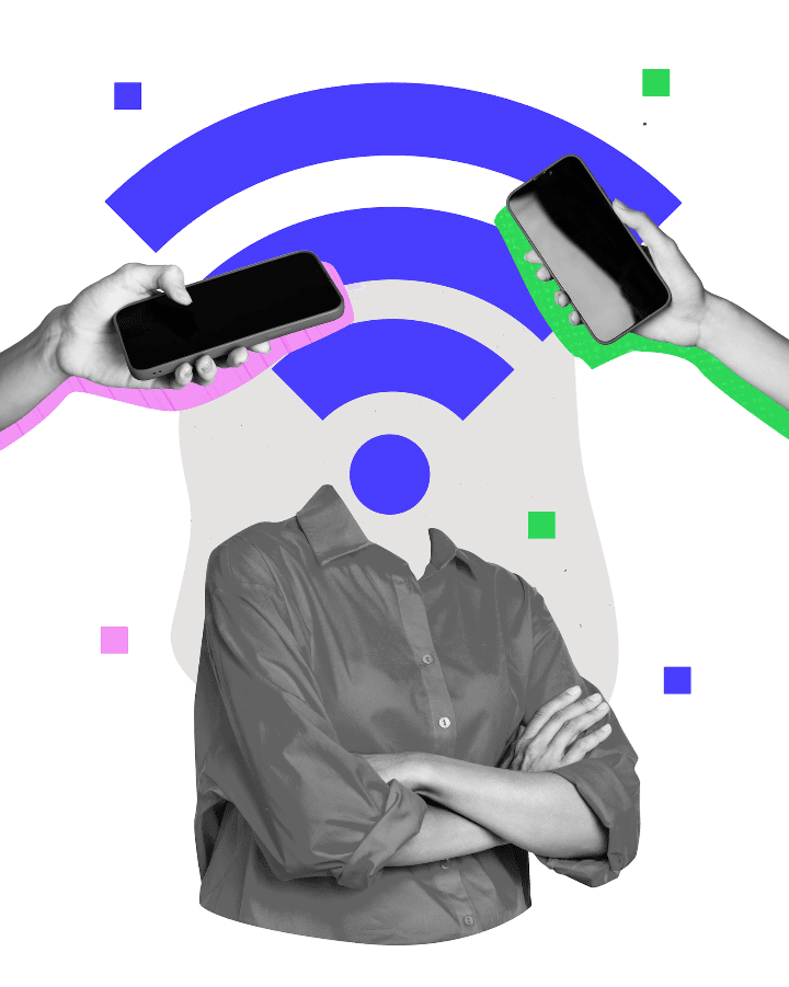 Tres personas están sentadas alrededor de un gran router Wi-Fi sobre un fondo verde brillante.