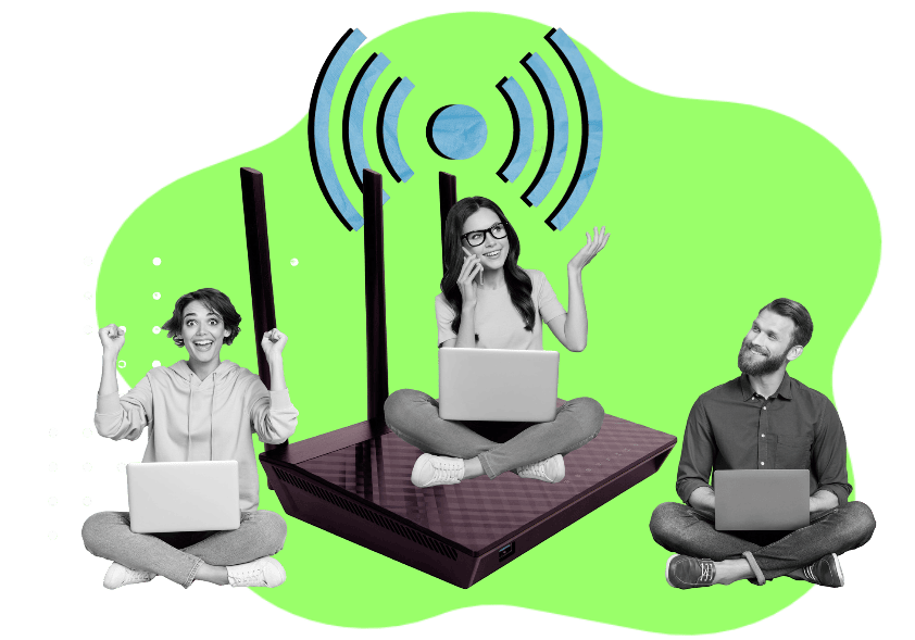 Tres personas están sentadas alrededor de un gran router Wi-Fi sobre un fondo verde brillante.