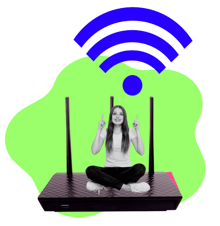 Tres personas están sentadas alrededor de un gran router Wi-Fi sobre un fondo verde brillante.