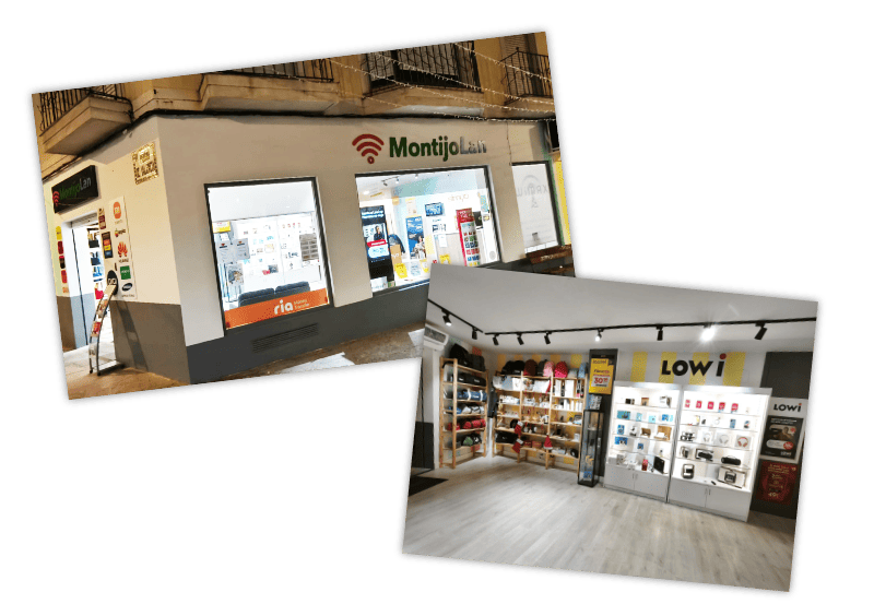 Vista exterior de una tienda MontijoLink junto a una vista interior que muestra productos electrónicos.