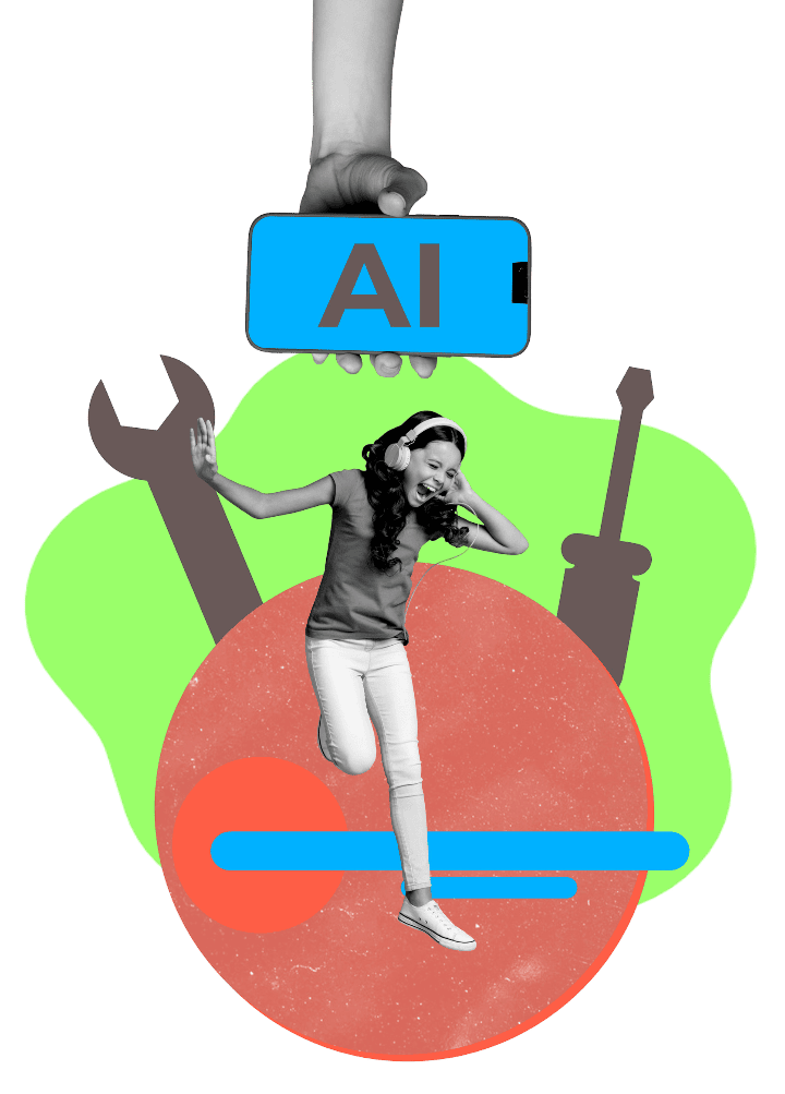 Tres personas están sentadas alrededor de un gran router Wi-Fi sobre un fondo verde brillante.