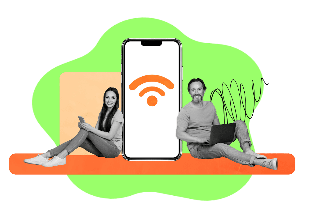 Tres personas están sentadas alrededor de un gran router Wi-Fi sobre un fondo verde brillante.