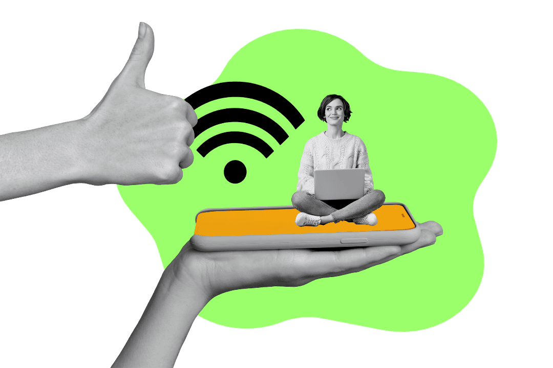 Tres personas están sentadas alrededor de un gran router Wi-Fi sobre un fondo verde brillante.