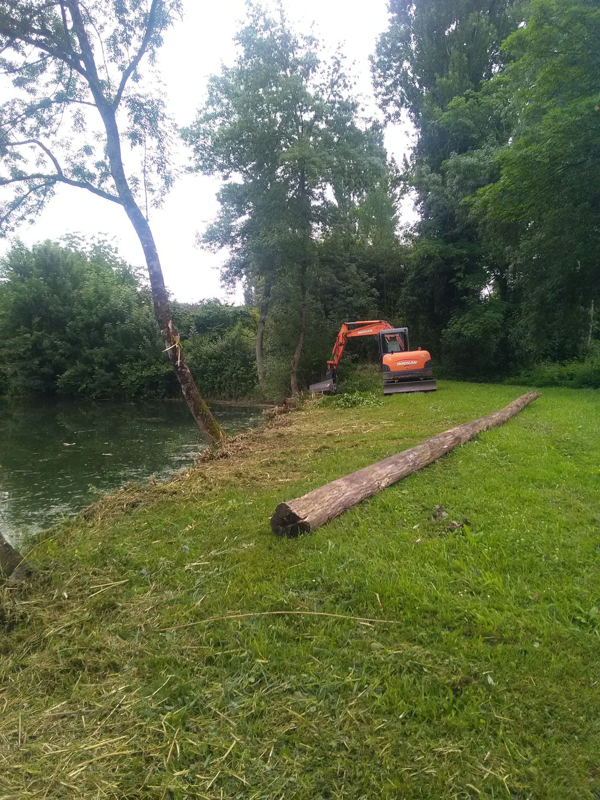 Tractopelle avec gyrobroyeur sur les rives d'un étang