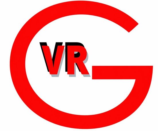 Un logotipo circular rojo con la letra G y las letras "VR" en fuente roja con sombra negra en el centro.
