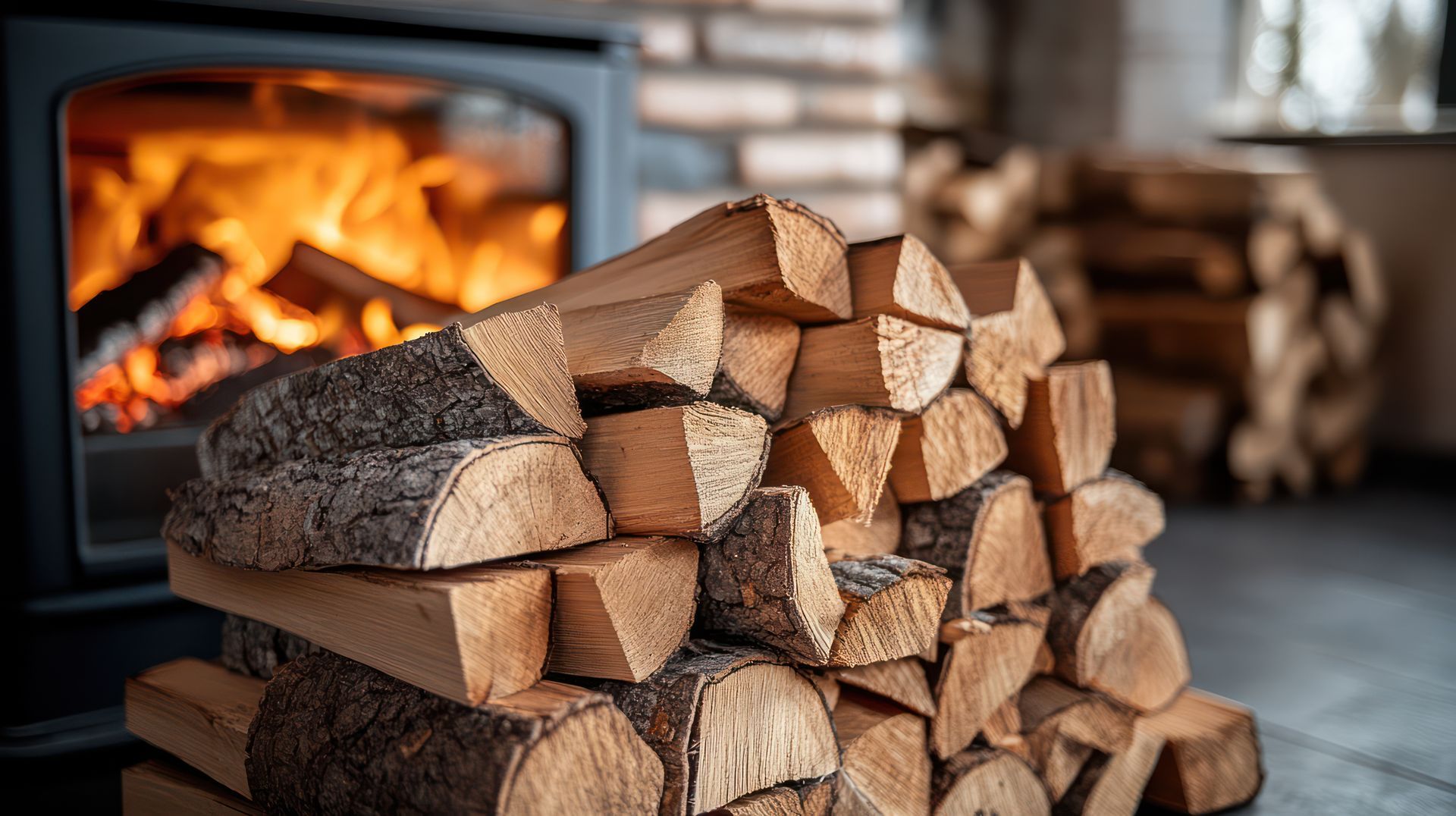 Du bois de chauffage empilé près d'une cheminée allumée, avec des flammes orange chaudes en arrière-plan.