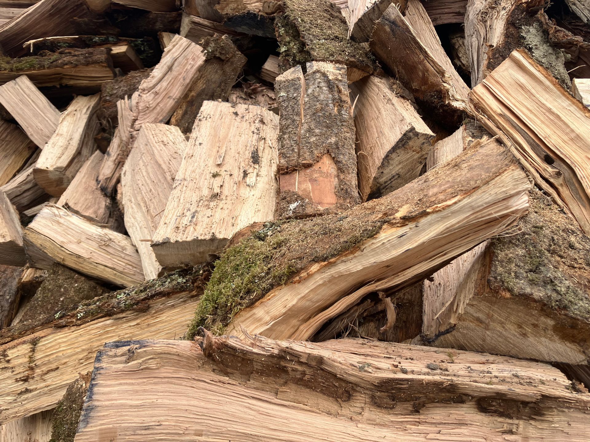 Bûches de bois de chauffage fendues et empilées, à l'écorce rugueuse et au grain clair.
