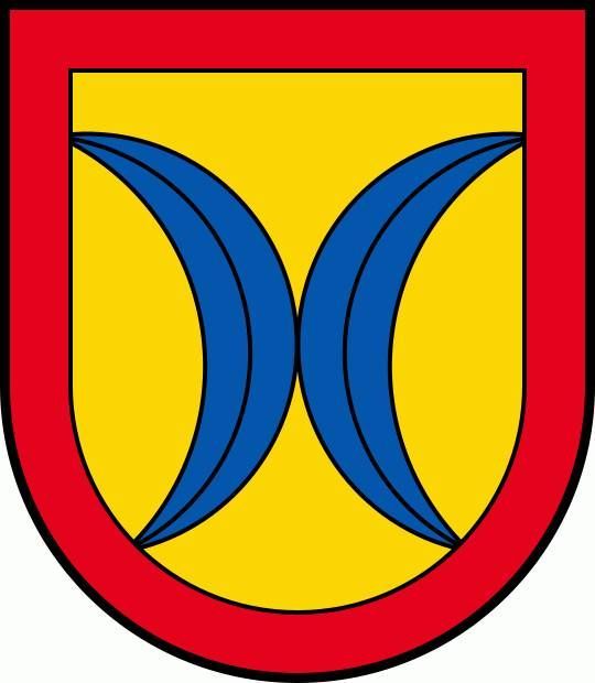 Rotes Schildemblem mit gelbem Zentrum und zwei nach innen gerichteten blauen Halbmonden