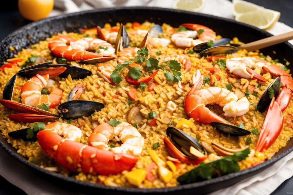 Una sartén llena de arroz, camarones, mejillones y verduras.