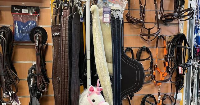 Présentation murale d’équipements équestres, notamment des bridons, des rênes et des sangles, dans une boutique.
