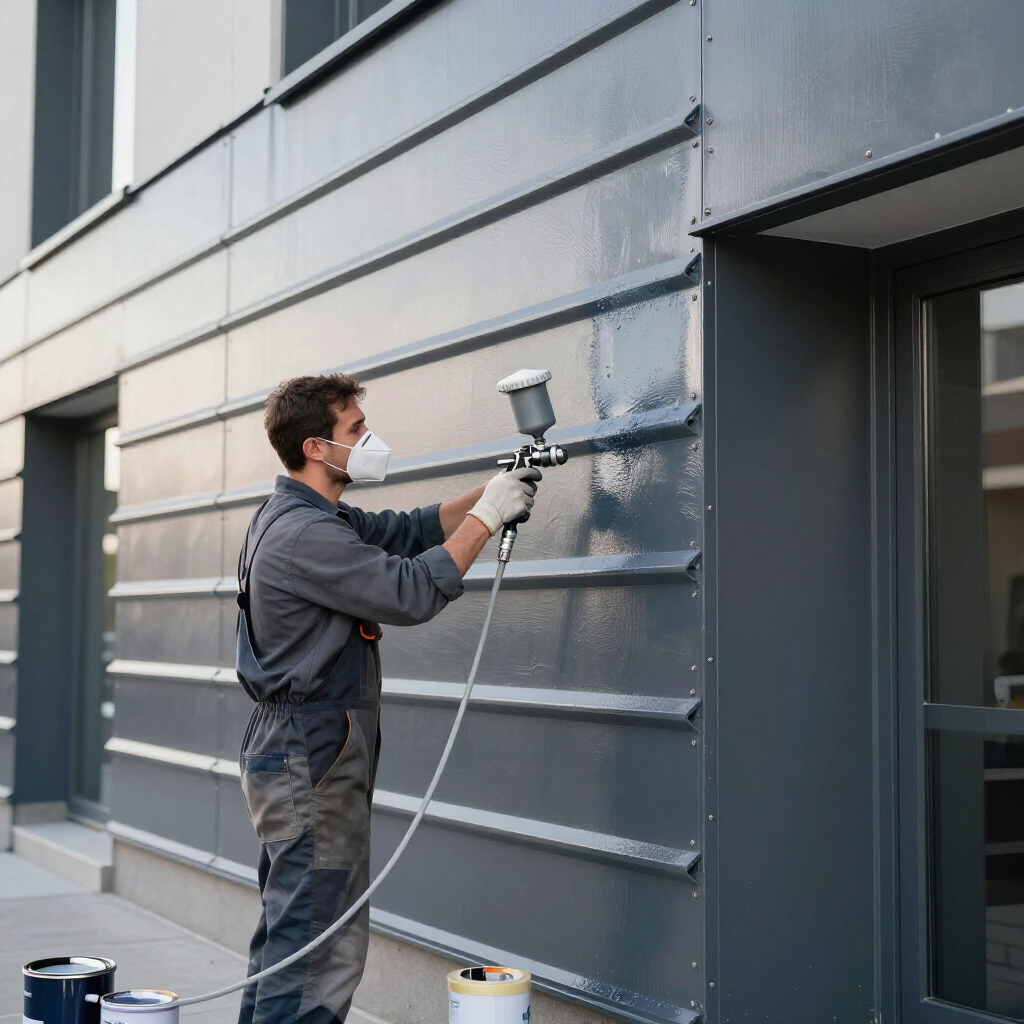 Un trabajador pinta con aerosol el exterior de un edificio de metal gris utilizando una pistola pulverizadora manual.
