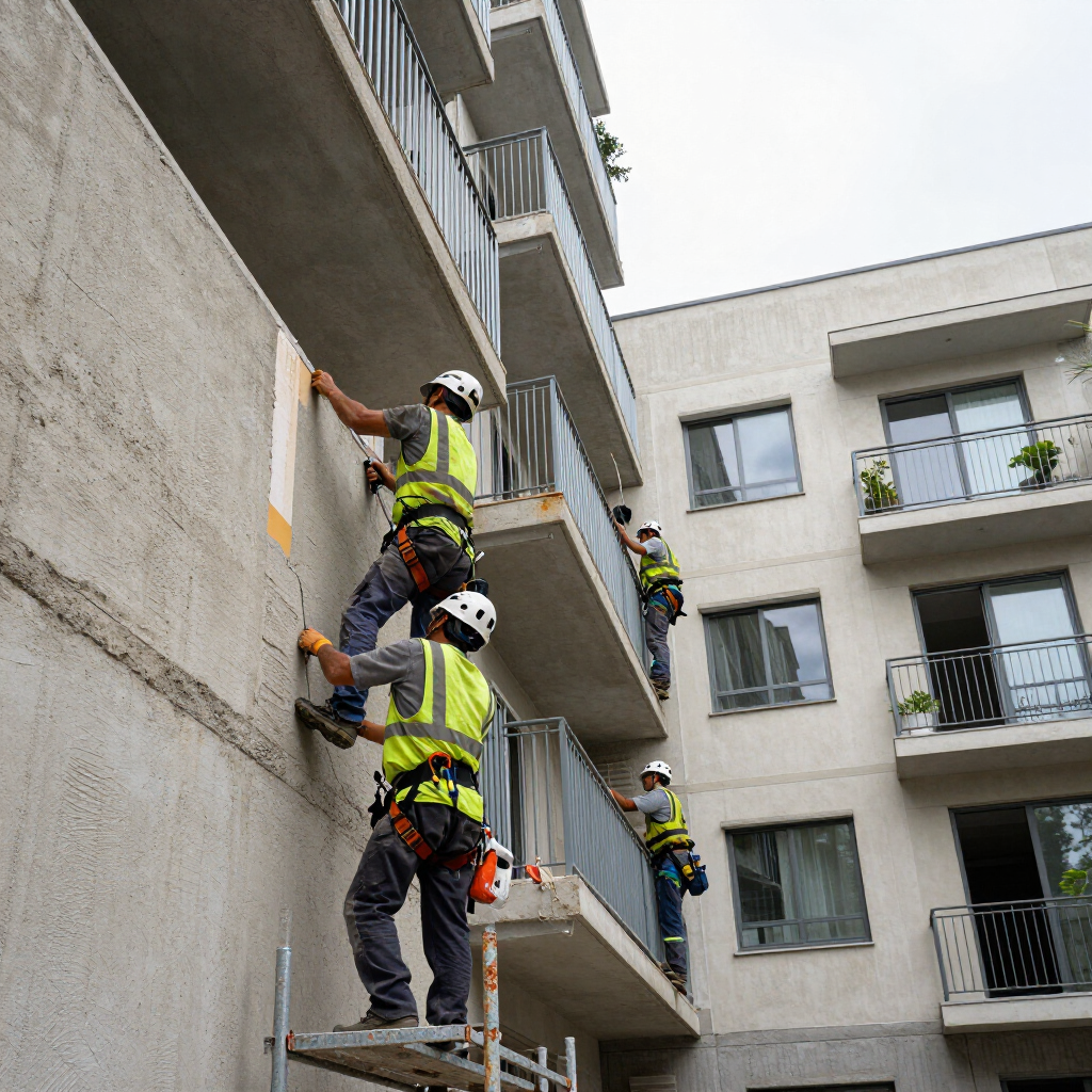 Tres obreros de la construcción con chalecos y cascos de seguridad trepan por cuerdas en la pared de un apartamento.