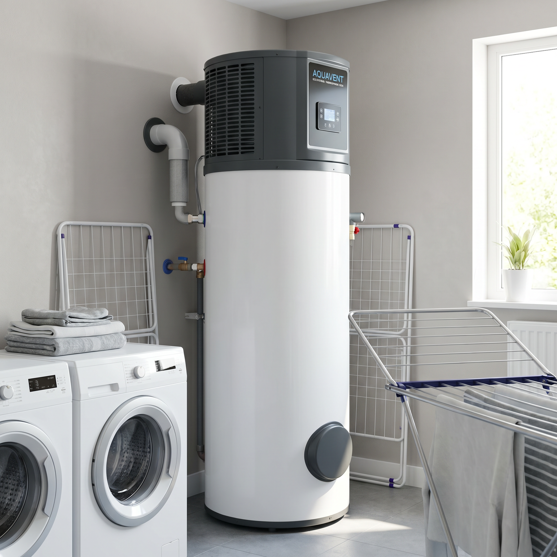 Buanderie avec un chauffe-eau blanc à côté d'une machine à laver, d'un sèche-linge et d'un étendoir à linge.