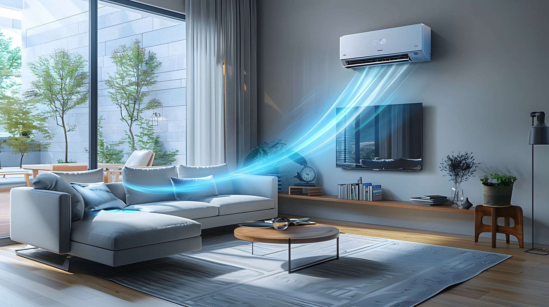Salon moderne avec climatisation murale rafraîchissant l'espace, flux d'air bleu dirigé vers un canapé et une télévision.