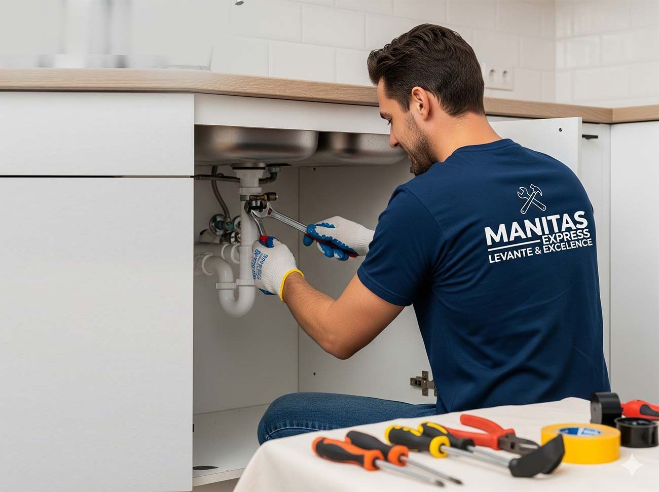 Fontanero arreglando tuberías bajo el fregadero de la cocina. Lleva camisa azul y usa herramientas.