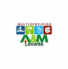 Logotipo para "Multiservicios A&M" con iconos y texto en azul, verde, naranja y blanco.