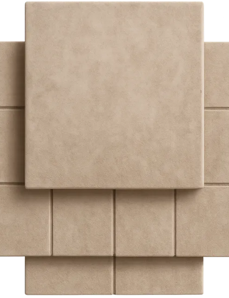 Carreaux carrés beiges disposés en quinconce, créant une surface texturée.