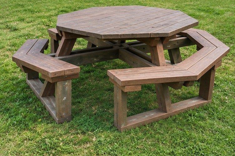 Mesa de picnic octagonal de madera con bancos integrados sobre el césped