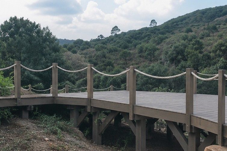 Pasarela de madera con barandillas de cuerda, con vistas a colinas verdes y boscosas bajo un cielo nublado