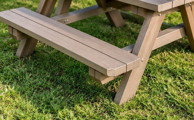 Banco de mesa de pícnic de madera sobre césped verde, primer plano del asiento y las patas de soporte.