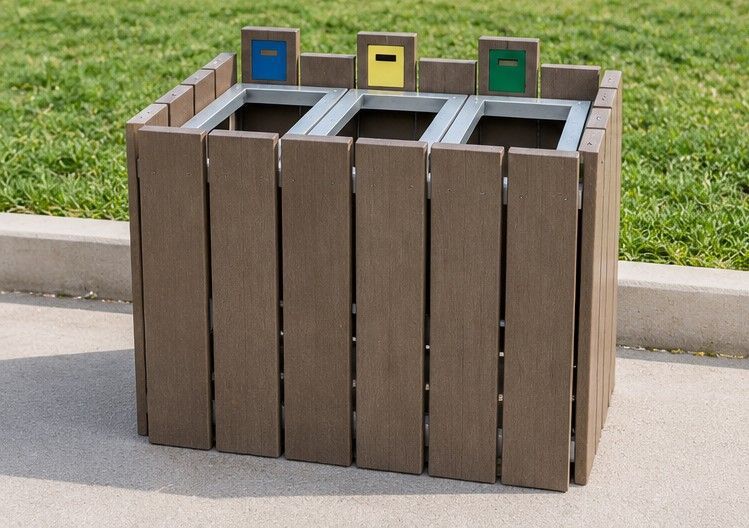 Contenedor de reciclaje exterior de tres compartimentos con tapas de colores en una acera junto al césped