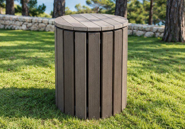 Contenedor de jardín redondo de madera sobre el césped, con un muro de piedra y árboles al fondo