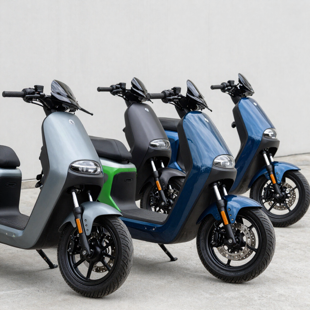 Cuatro scooters eléctricos aparcados en el interior, incluidos modelos grises, negros y azules con detalles verdes y azules