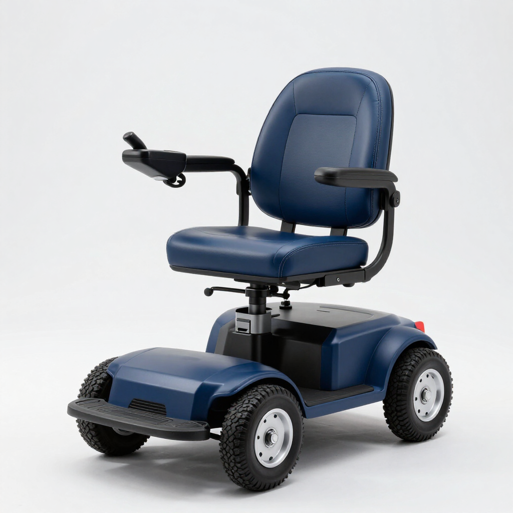 Scooter de movilidad azul con asiento acolchado y reposabrazos sobre fondo blanco