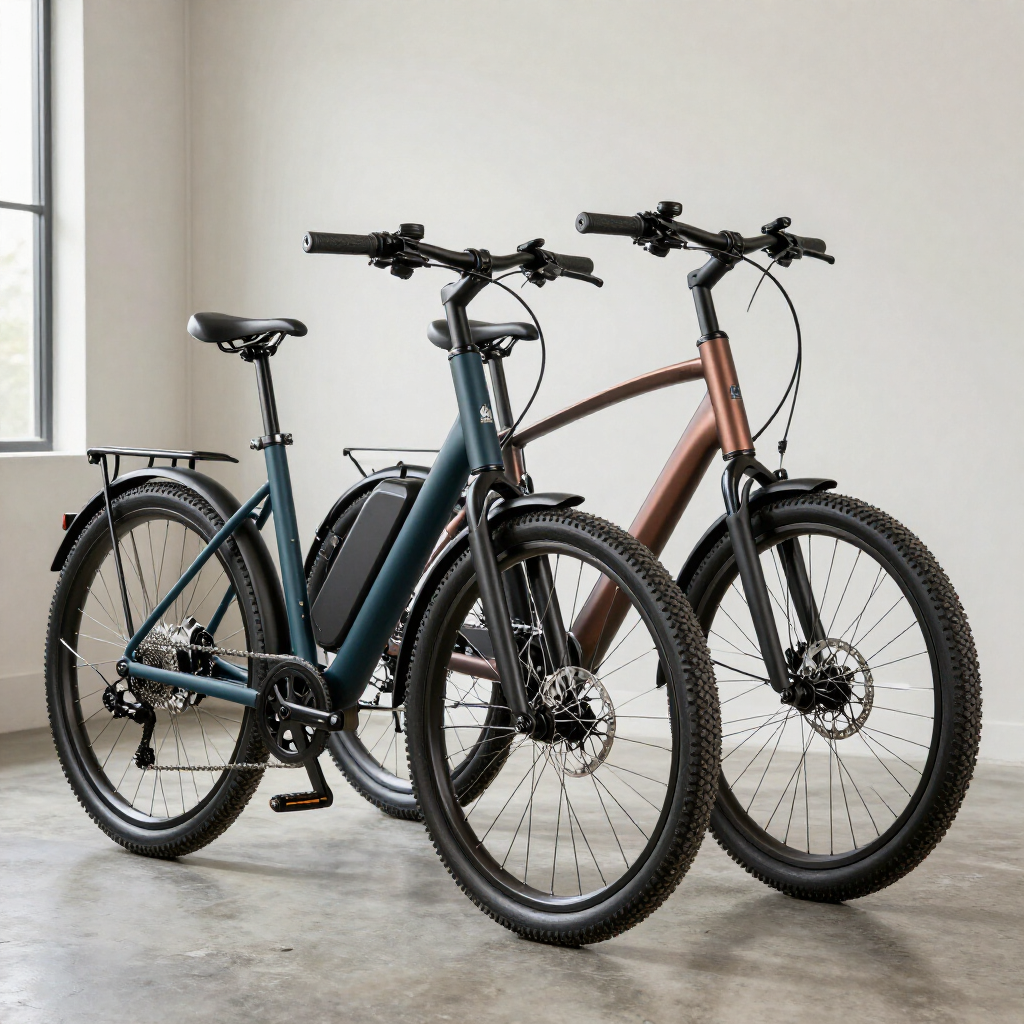 Dos bicicletas aparcadas en el interior, una negra y azul y la otra de color cobre, junto a una ventana.
