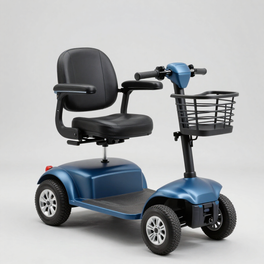 Scooter de movilidad azul de cuatro ruedas con asiento negro y cesta delantera sobre fondo blanco