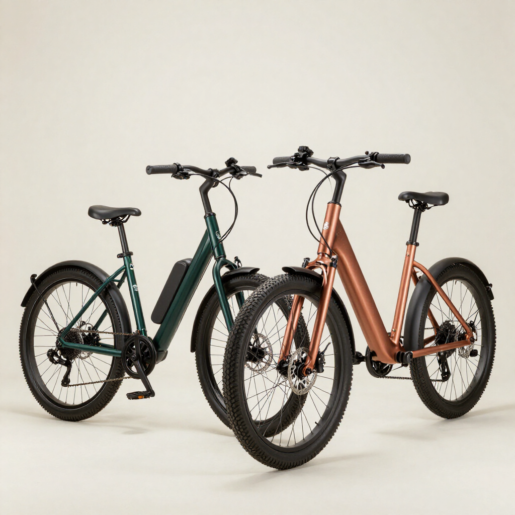 Dos bicicletas eléctricas, una verde azulado y otra cobriza, sobre un fondo blanco liso