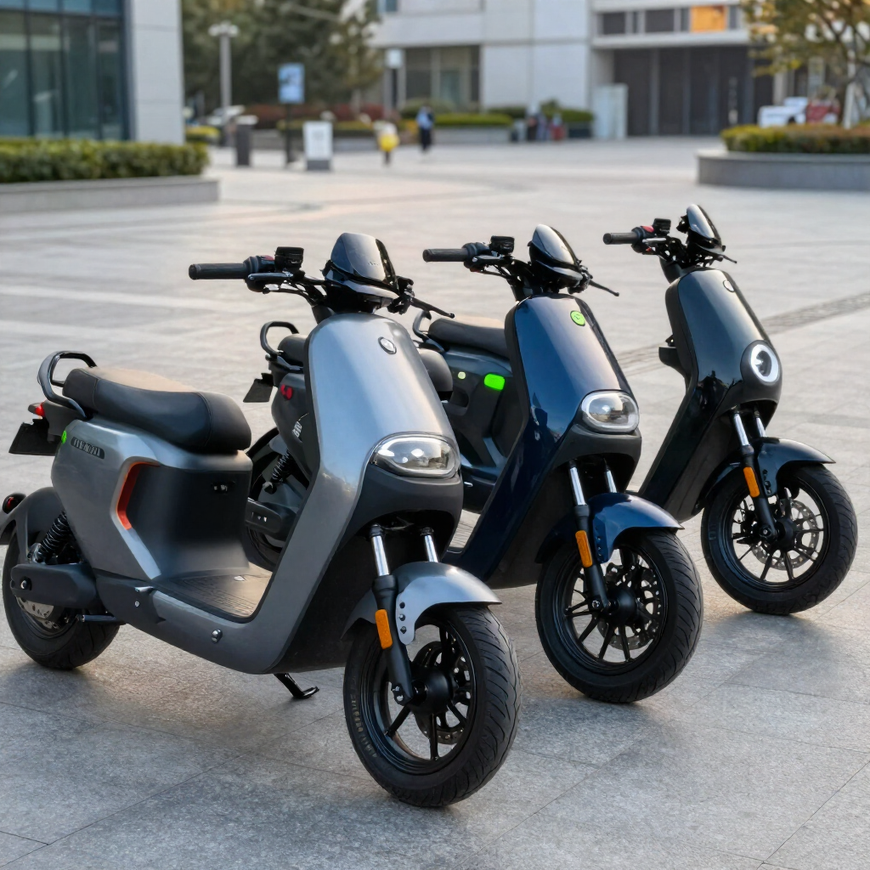 Tres scooters eléctricos grises aparcados en una plaza urbana, vistos de frente, con edificios modernos al fondo
