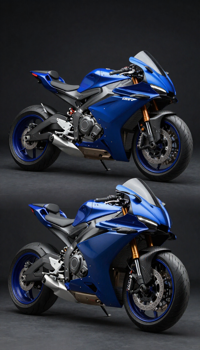 Dos motocicletas deportivas azules sobre un fondo oscuro de estudio, vistas de perfil.